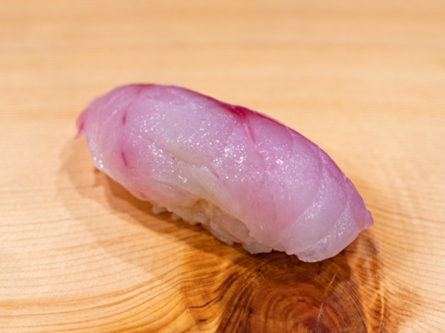 A photo of Fox jacopever (Kitsunemebaru) nigiri sushi