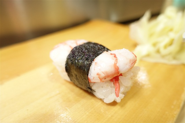 A photo of Stout red shrimp (Hikarichihiroebi) nigiri sushi