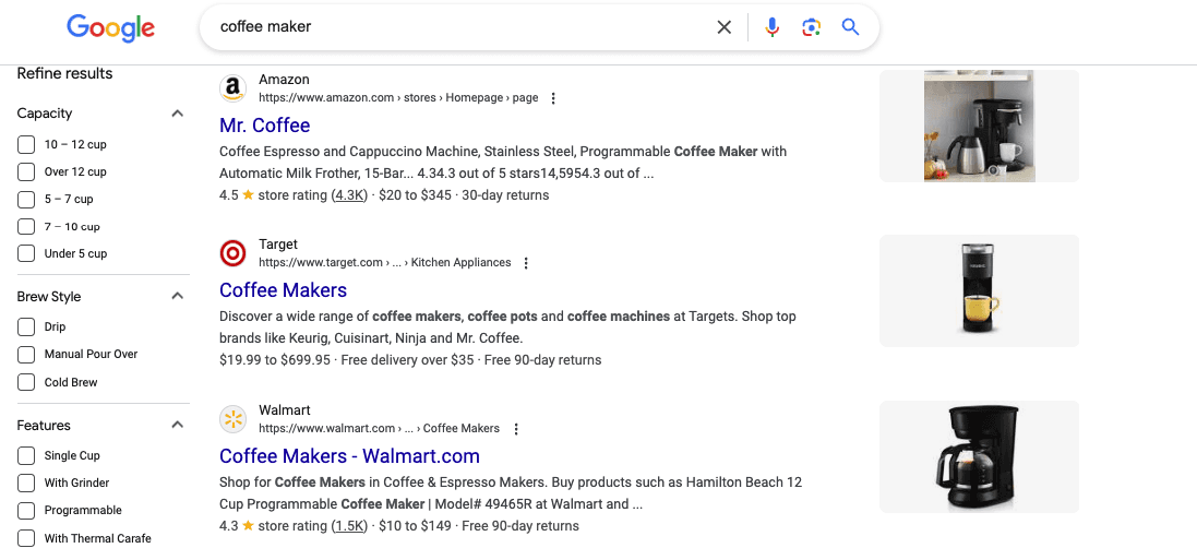 Clear search intent for coffee maker