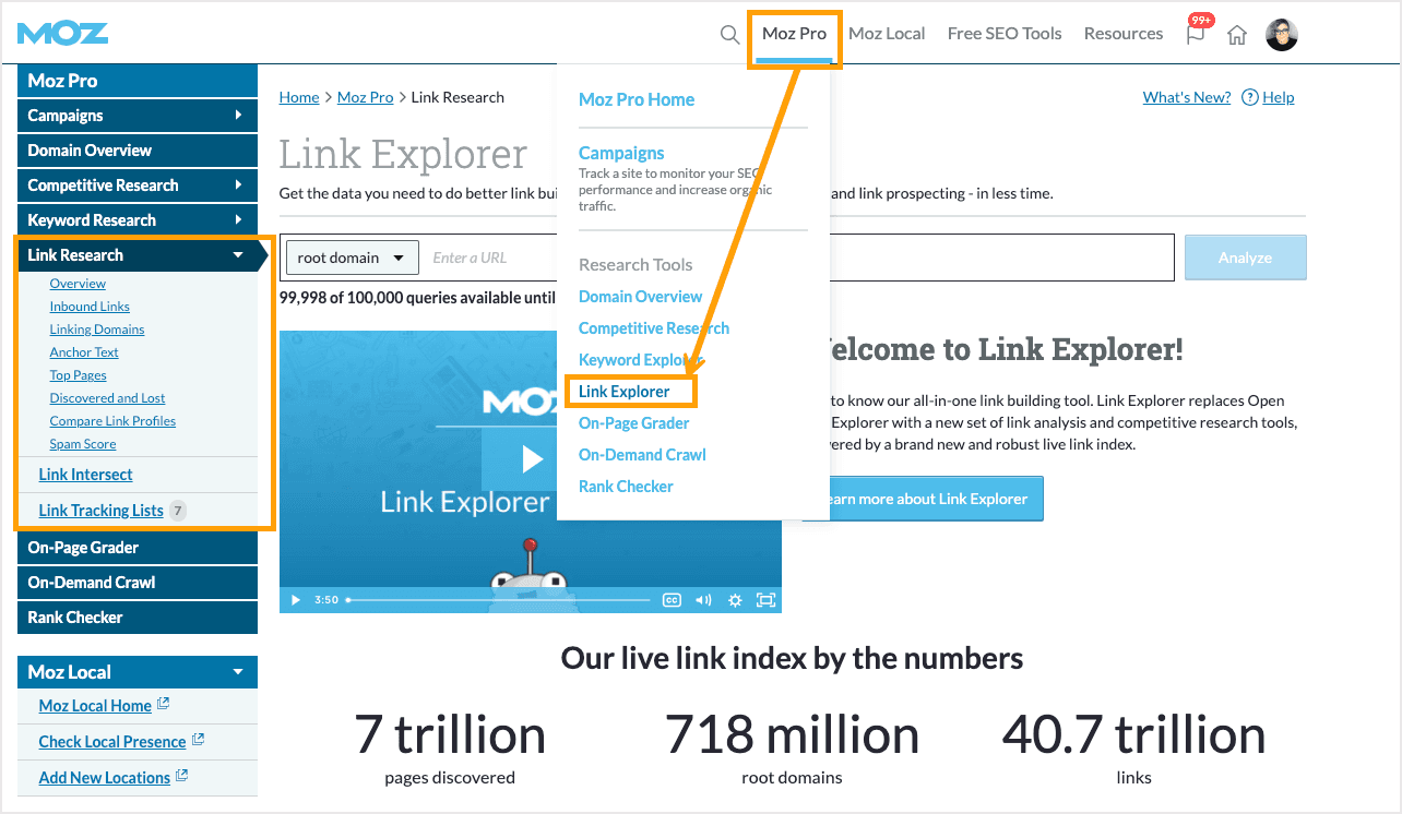 Screenshot showing Link Explorer in the menu and side navigation of Moz Pro.