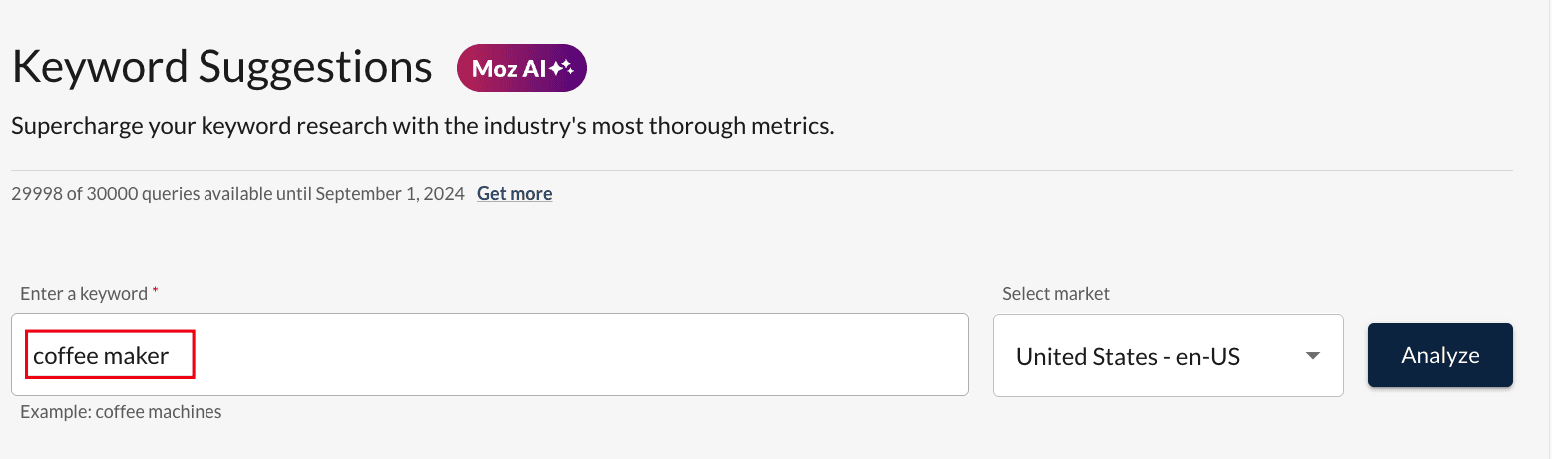 Moz keyword suggestion for coffee maker