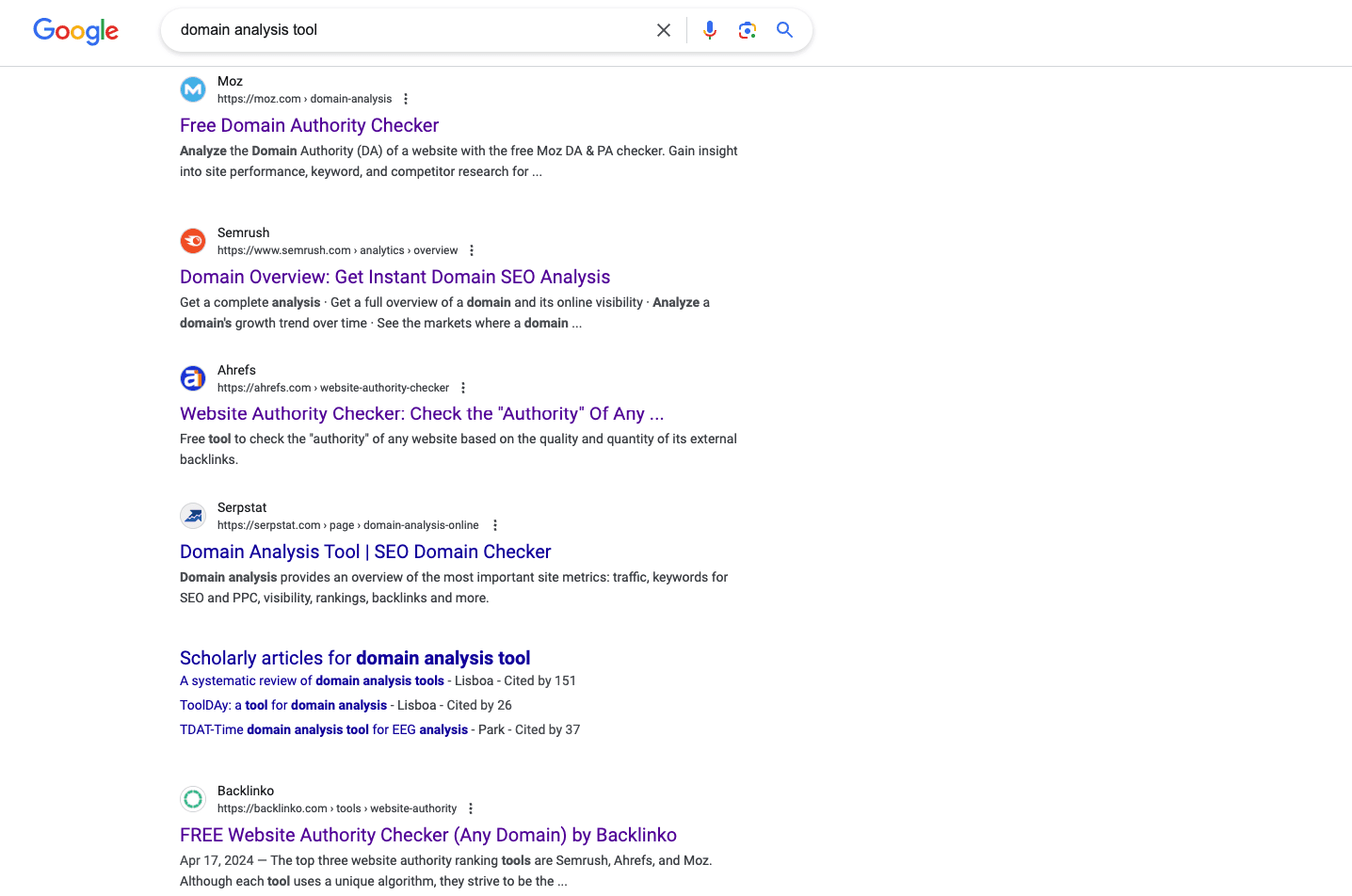 SERP results for domain analysis tool