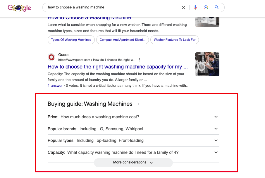 SERP results showing buying guides ranking for keyword of washing machine